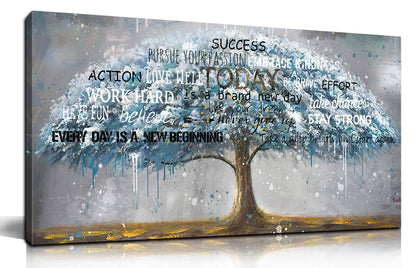 aburaeart Teal Tree Of Life Wall-Art - Motivational Quotes Wall Decor - Canvas Wall Art For Living Room Large Size Ready To Hang Size 30" x 60"